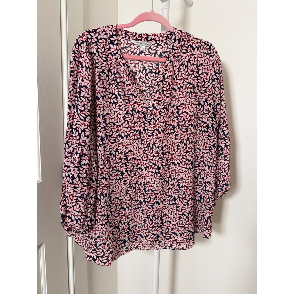 Counterparts Blouse Women XL Navy Blue Red White Leaf Print V-Neck Long Sleeve